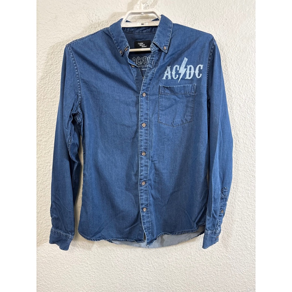 Cedar Wood State‎ Mens AC/DC Denim Button Down Shirt Blue Long Sleeve Small Rock